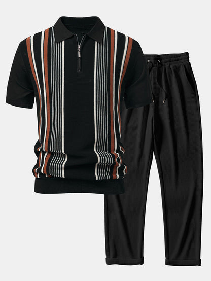 Gestreiftes Strick-Poloshirt mit Reißverschluss und gerade geschnittene Ripp-Hose