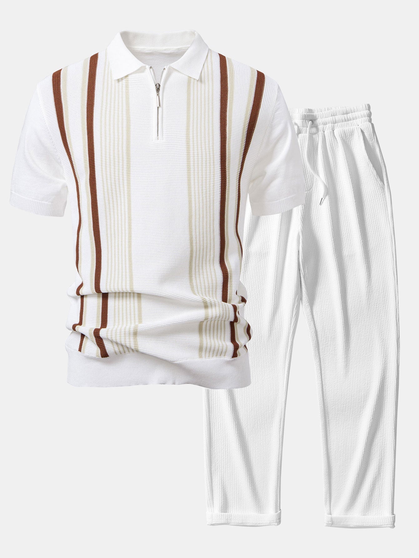 Gestreiftes Strick-Poloshirt mit Reißverschluss und gerade geschnittene Ripp-Hose