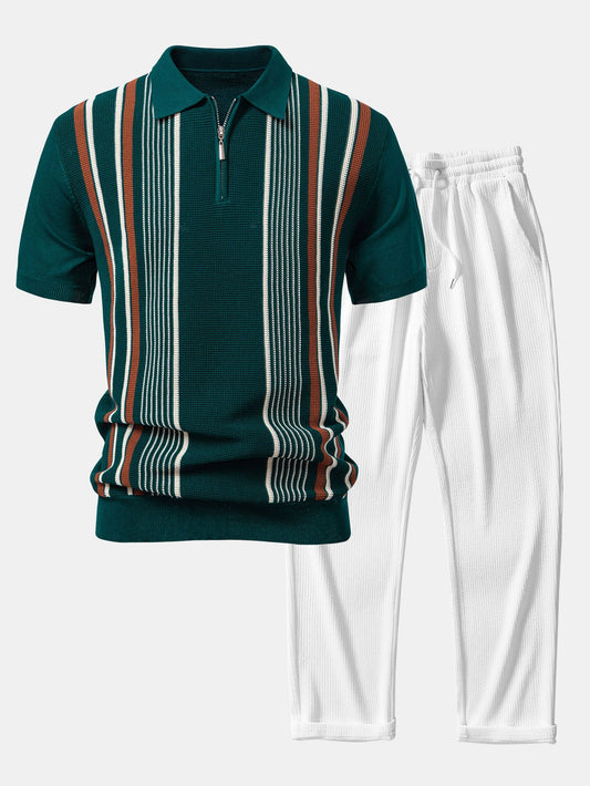 Gestreiftes Strick-Poloshirt mit Reißverschluss und gerade geschnittene Ripp-Hose