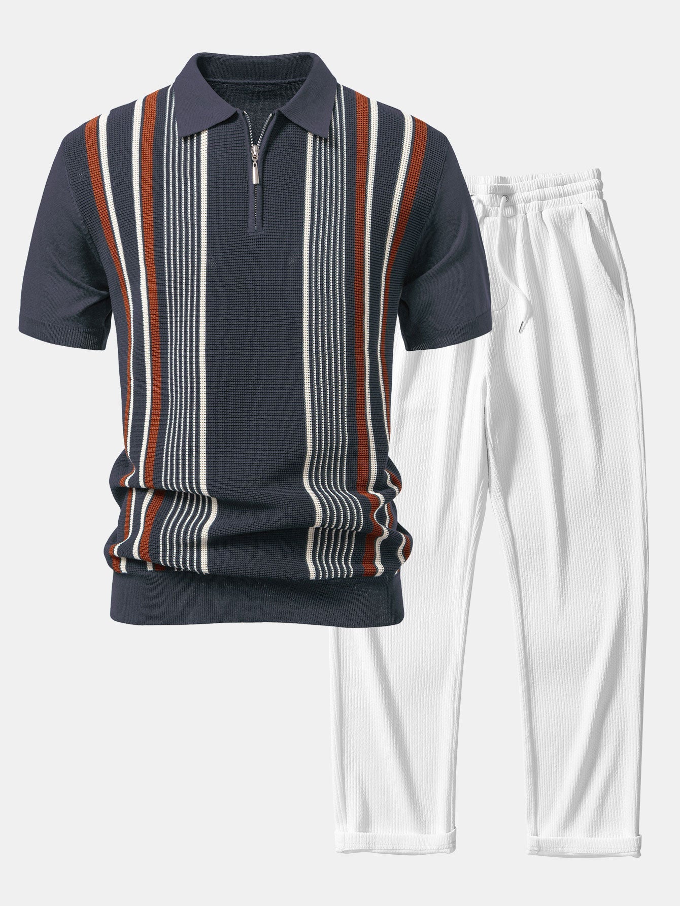 Gestreiftes Strick-Poloshirt mit Reißverschluss und gerade geschnittene Ripp-Hose