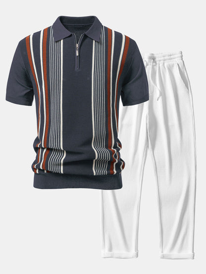 Gestreiftes Strick-Poloshirt mit Reißverschluss und gerade geschnittene Ripp-Hose