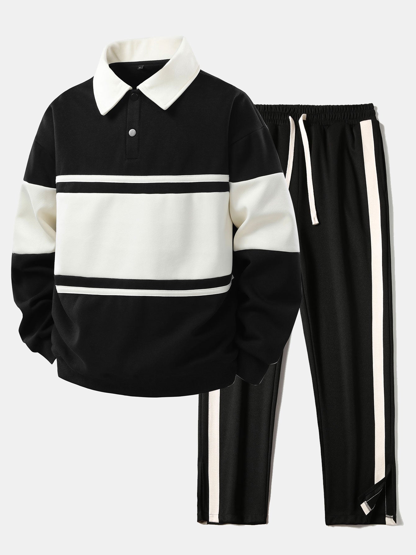 Relaxed Fit Color Block Patchwork Polo Shirt & Split Hem Striped Pants