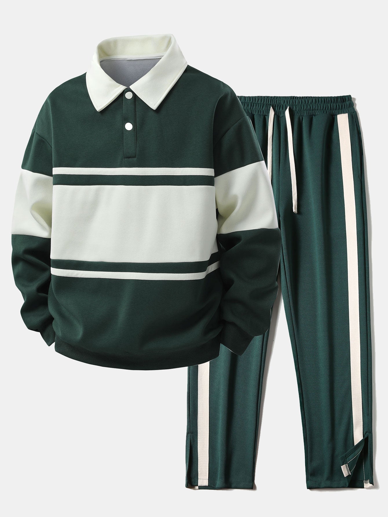 Relaxed Fit Color Block Patchwork Polo Shirt & Split Hem Striped Pants