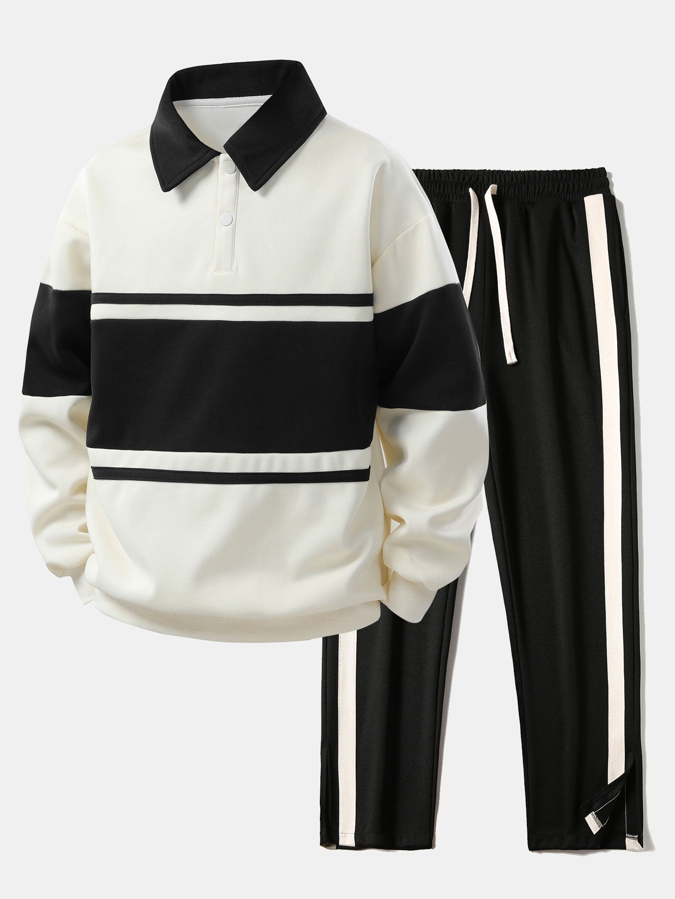 Relaxed Fit Color Block Patchwork Polo Shirt & Split Hem Striped Pants