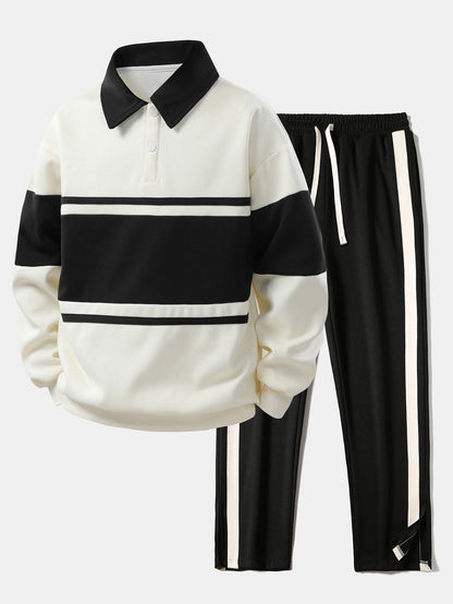 Relaxed Fit Color Block Patchwork Polo Shirt & Split Hem Striped Pants
