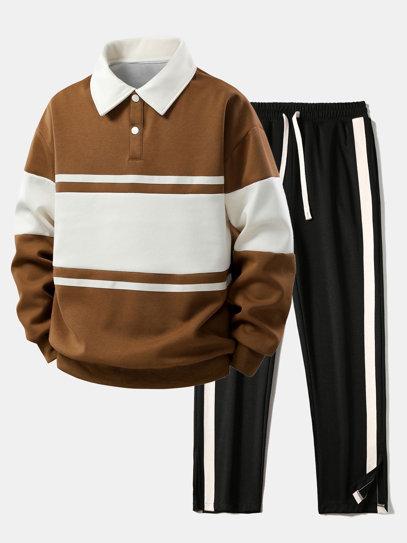 Relaxed Fit Color Block Patchwork Polo Shirt & Split Hem Striped Pants