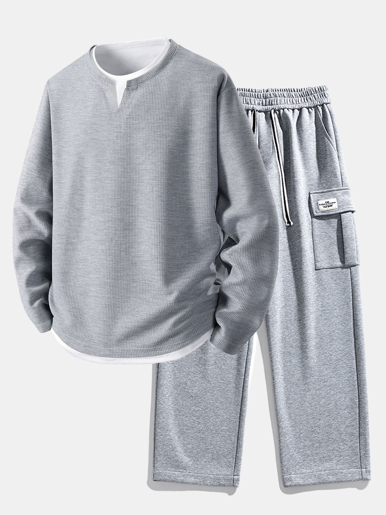 Relaxed Fit Long Sleeve 2-in-1 Waffle T-Shirt & Straight Leg Jersey Cargo Pants