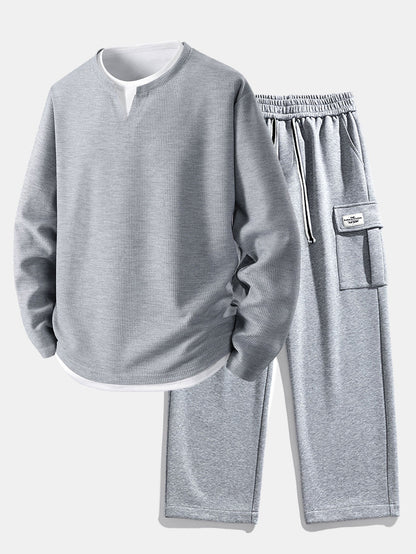 Relaxed Fit Long Sleeve 2-in-1 Waffle T-Shirt & Straight Leg Jersey Cargo Pants
