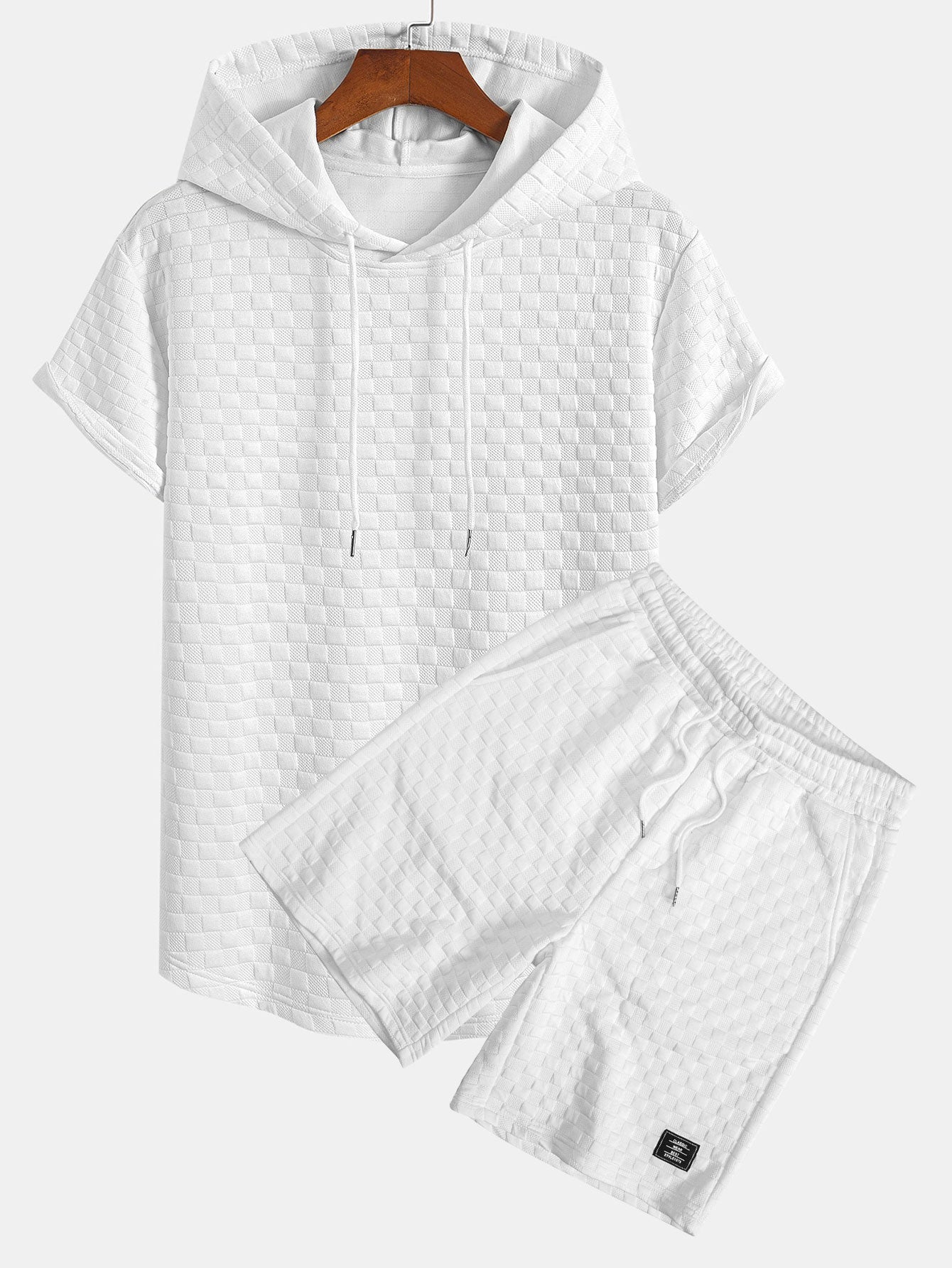 Schachbrett-Jacquard Hoodie-T-Shirt mit Bogen-Saum und passenden Shorts