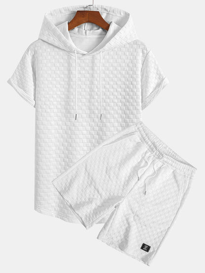 Schachbrett-Jacquard Hoodie-T-Shirt mit Bogen-Saum und passenden Shorts