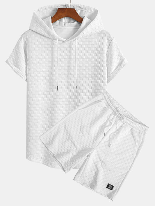 Schachbrett-Jacquard Hoodie-T-Shirt mit Bogen-Saum und passenden Shorts