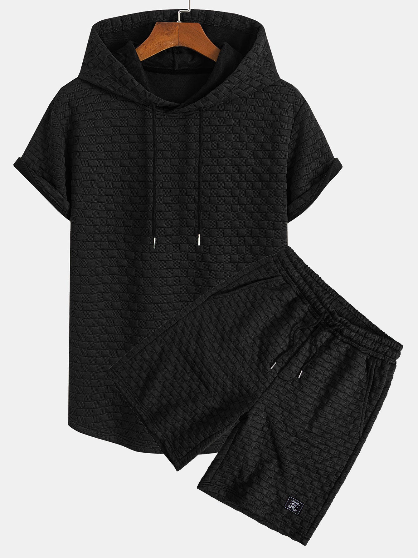 Schachbrett-Jacquard Hoodie-T-Shirt mit Bogen-Saum und passenden Shorts