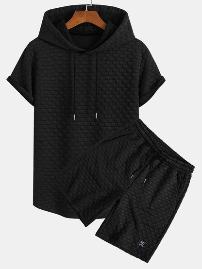 Schachbrett-Jacquard Hoodie-T-Shirt mit Bogen-Saum und passenden Shorts