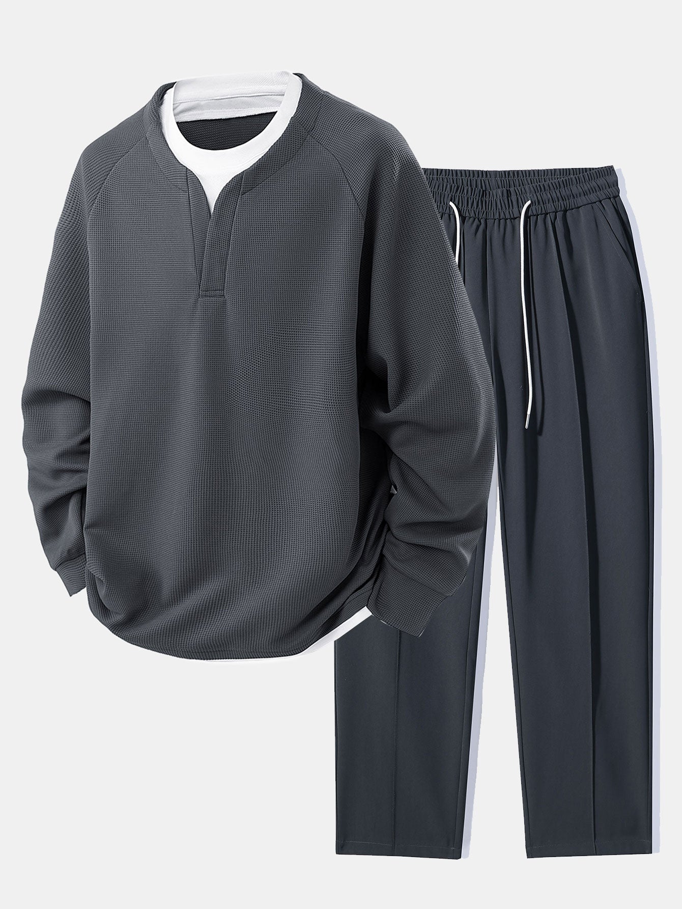 2-in-1 Raglanärmel Waffel-T-Shirt und Hose mit Bundfalten und Kordelzug, gerader Schnitt