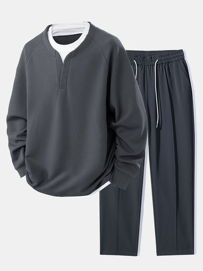 2-in-1 Raglanärmel Waffel-T-Shirt und Hose mit Bundfalten und Kordelzug, gerader Schnitt