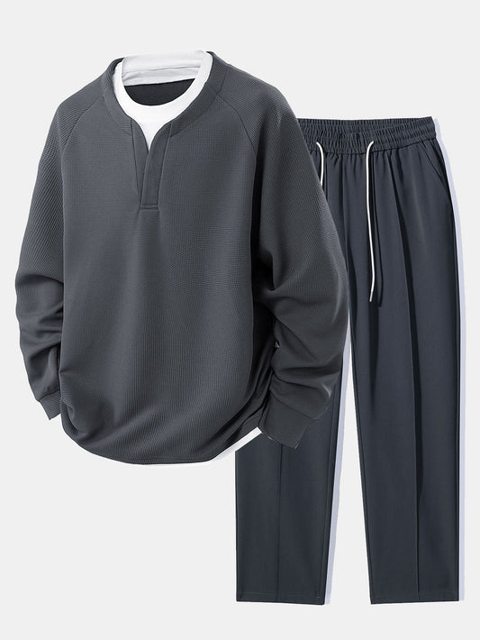 2-in-1 Raglanärmel Waffel-T-Shirt und Hose mit Bundfalten und Kordelzug, gerader Schnitt