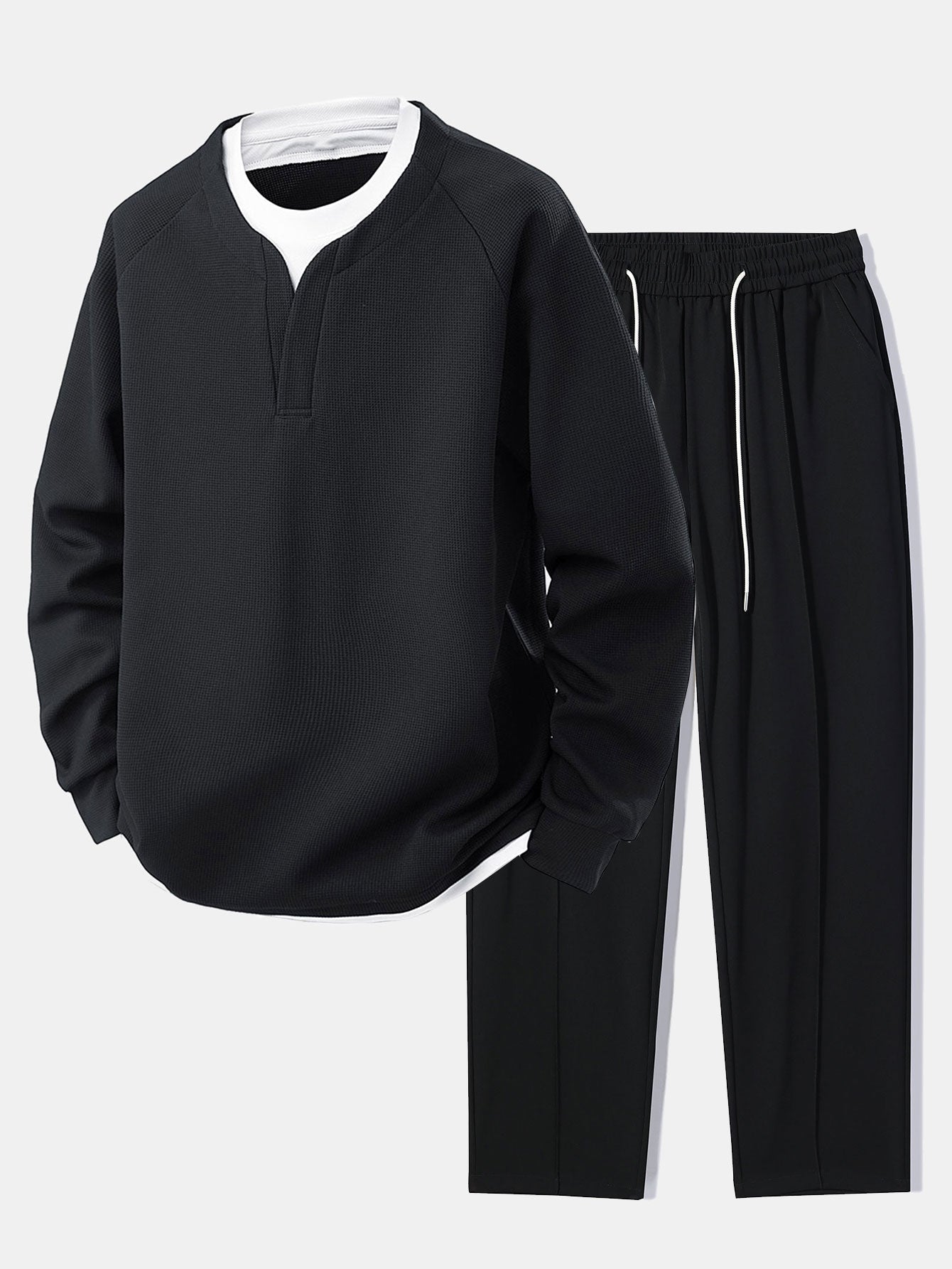 2-in-1 Raglanärmel Waffel-T-Shirt und Hose mit Bundfalten und Kordelzug, gerader Schnitt