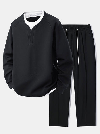 2-in-1 Raglanärmel Waffel-T-Shirt und Hose mit Bundfalten und Kordelzug, gerader Schnitt