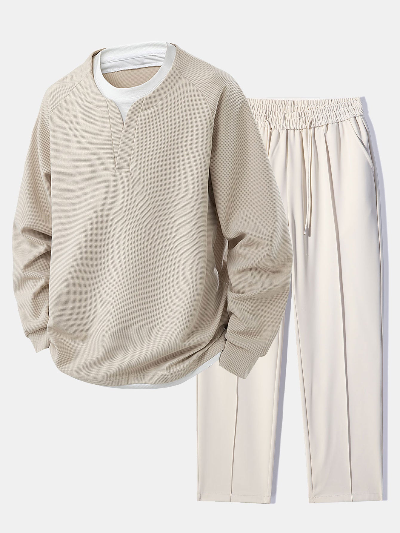 2-in-1 Raglanärmel Waffel-T-Shirt und Hose mit Bundfalten und Kordelzug, gerader Schnitt