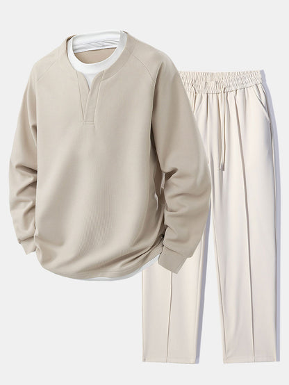 2-in-1 Raglanärmel Waffel-T-Shirt und Hose mit Bundfalten und Kordelzug, gerader Schnitt