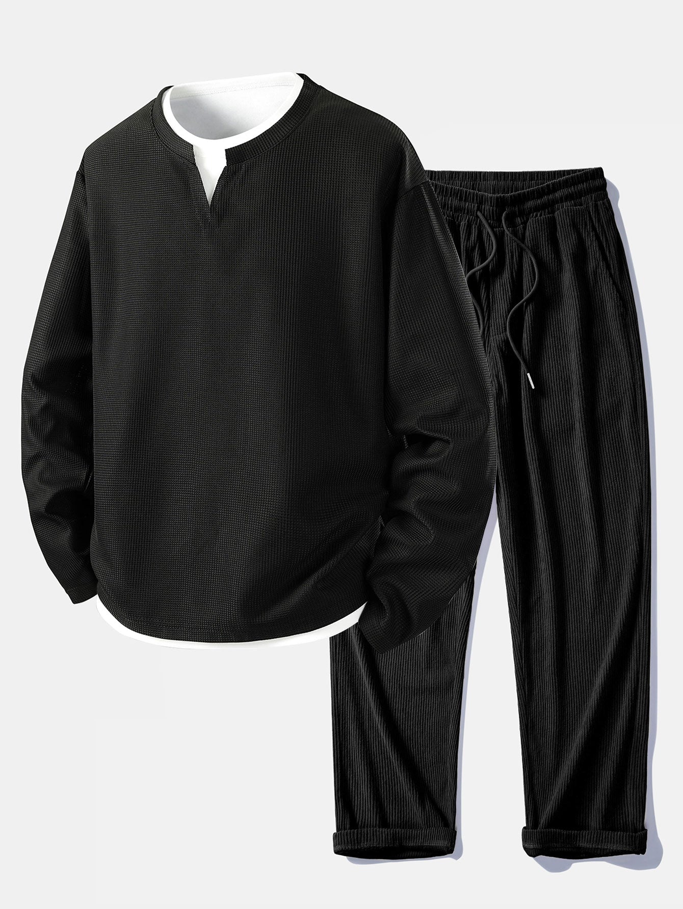 Casual Long Sleeve 2-in-1 Waffle T-Shirt & Straight Cord Pants