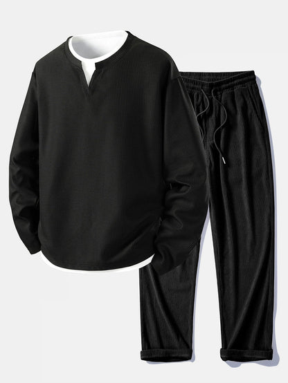 Casual Long Sleeve 2-in-1 Waffle T-Shirt & Straight Cord Pants