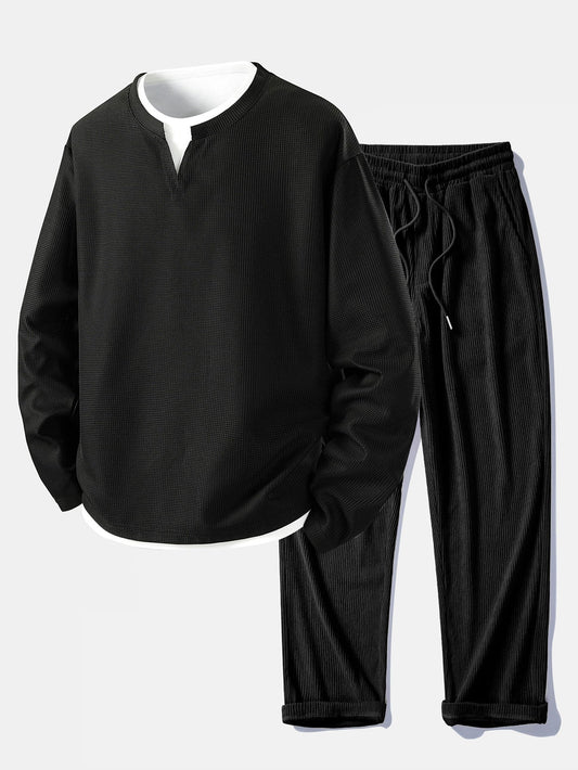 Casual Long Sleeve 2-in-1 Waffle T-Shirt & Straight Cord Pants