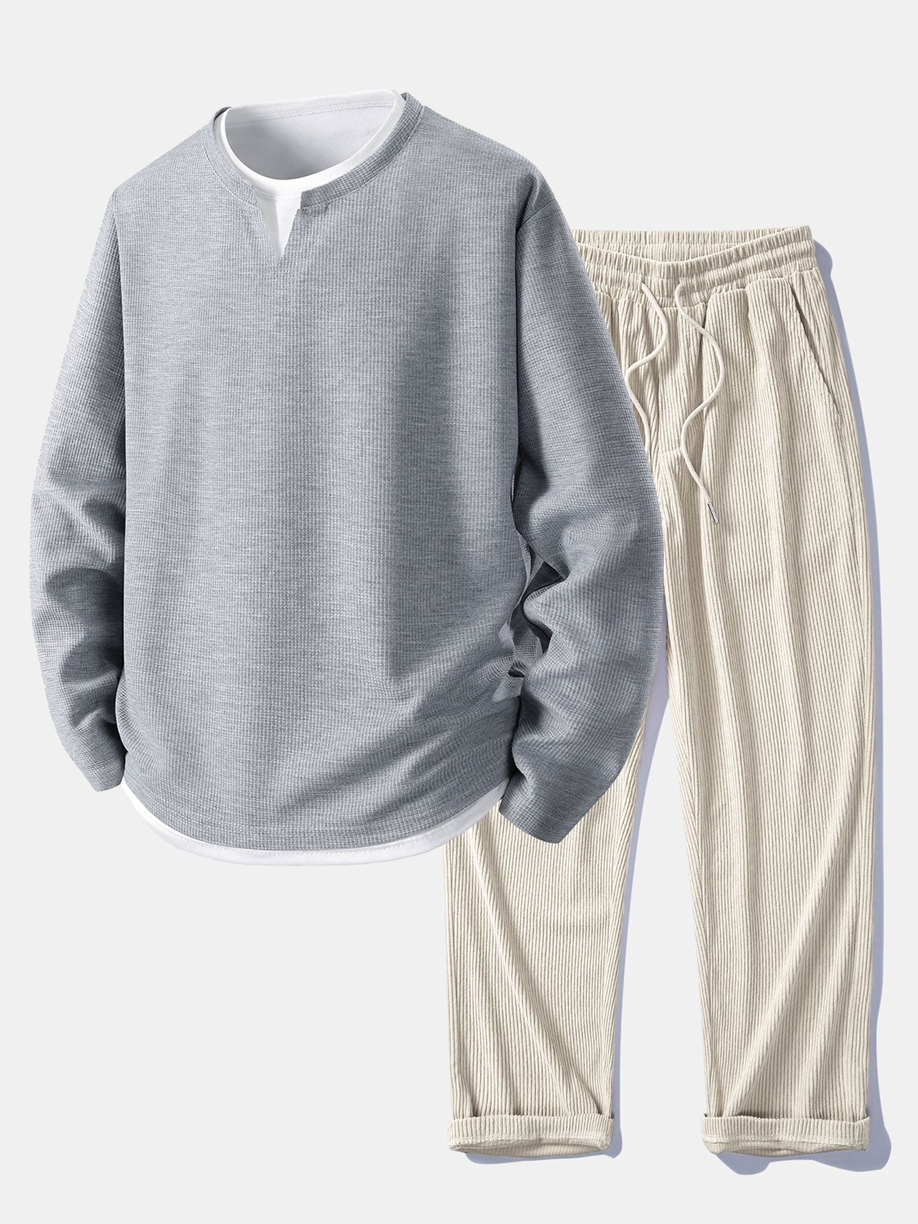 Casual Long Sleeve 2-in-1 Waffle T-Shirt & Straight Cord Pants
