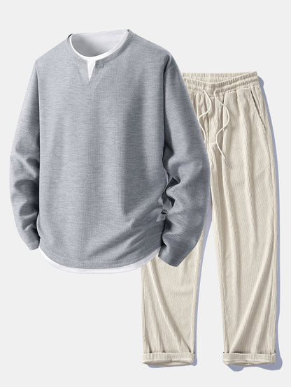Casual Long Sleeve 2-in-1 Waffle T-Shirt & Straight Cord Pants