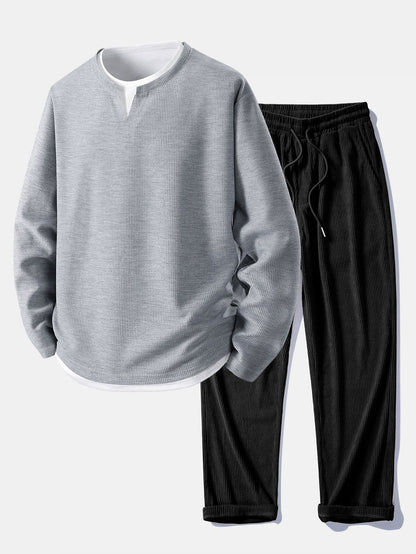 Casual Long Sleeve 2-in-1 Waffle T-Shirt & Straight Cord Pants