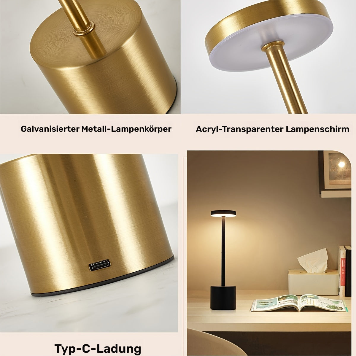 Metall-Touch Tischlampe mit Akku & USB – dimmbar, moderne Farbtemperaturen