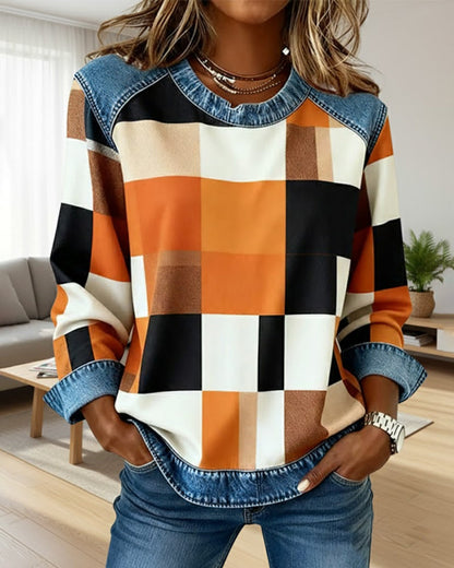 Stutz I Sweatshirt mit Karo-Patchwork und Kontrastfarbe