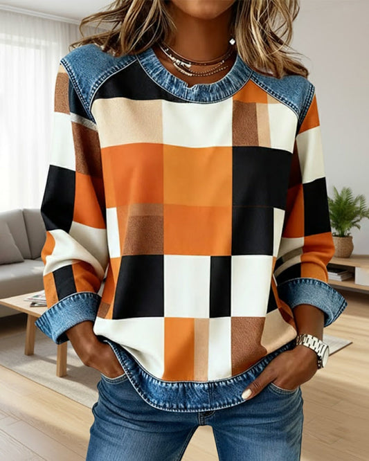 Stutz I Sweatshirt mit Karo-Patchwork und Kontrastfarbe
