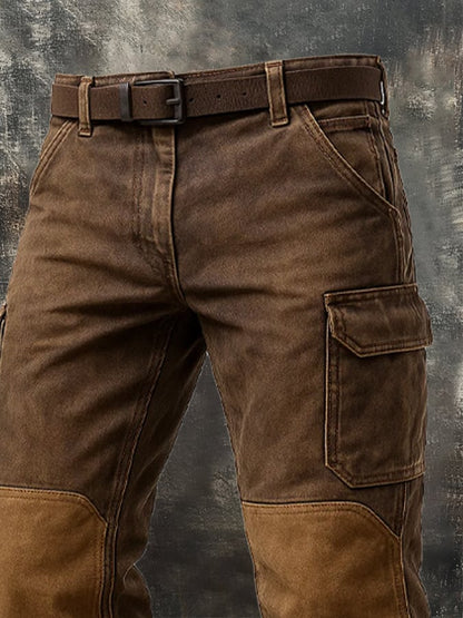 Herren Vintage Outdoor Distressed Adventure Stitching Knieschützer Multifunktionstasche Arbeitshose
