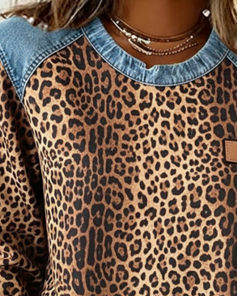 Stutz | Sweatshirt mit Leopardenmuster und Denim-Patchwork