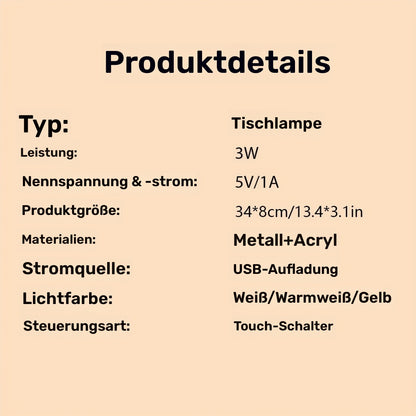 Metall-Touch Tischlampe mit Akku & USB – dimmbar, moderne Farbtemperaturen