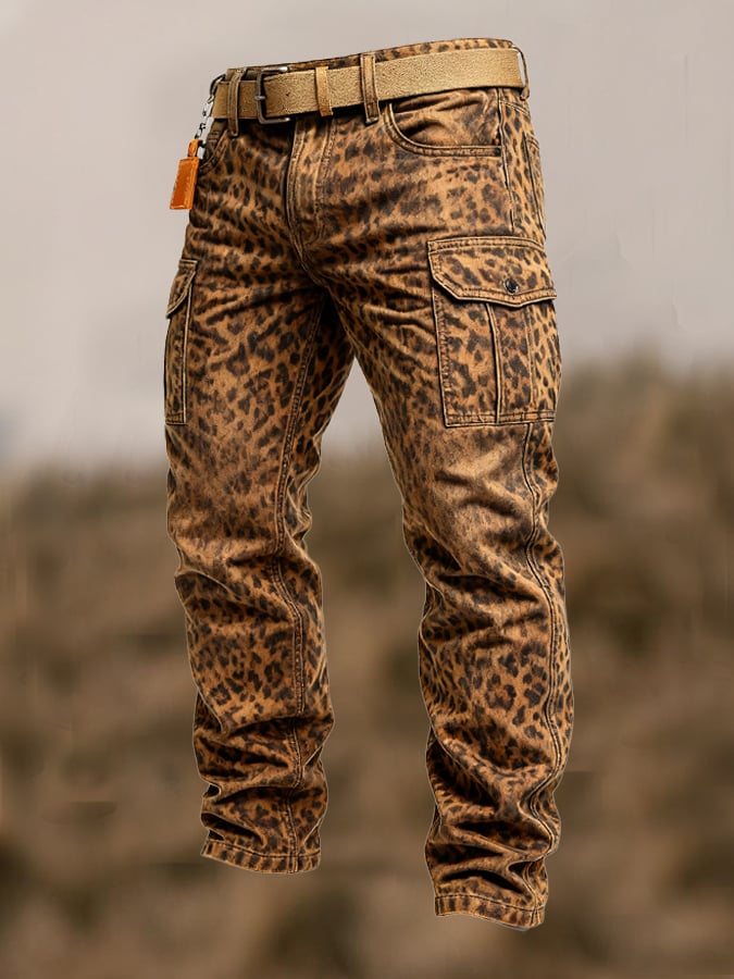 Herren-Overall mit Leopardenmuster und mehreren Taschen im Vintage-Stil für den Außenbereich