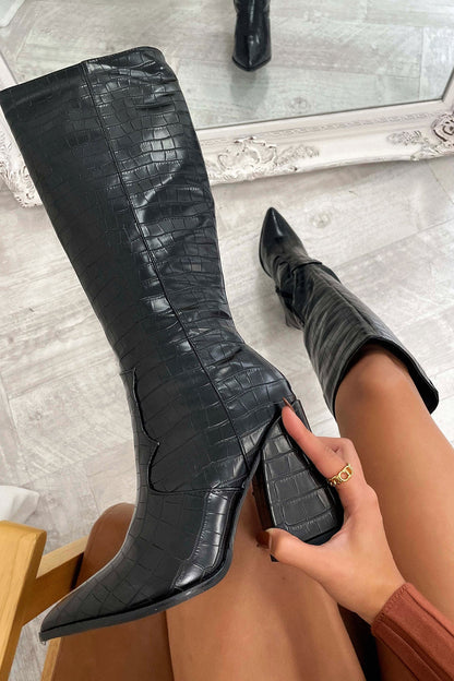 Mila™ Schwarze Krokodil kniehohe Stiefel