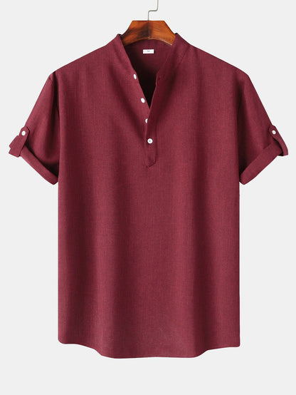 Kurze Ärmel Leinen-Optik Henley-Shirt