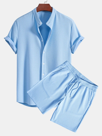Muscle Fit Ribbed Collar Shirt & Shorts Set