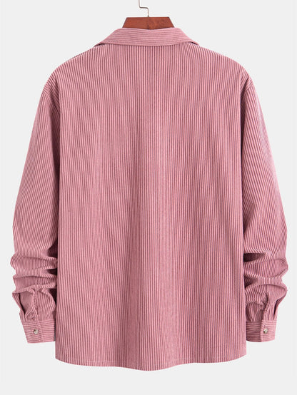 "Langarm-Cordhemd mit kubanischem Kragen" could be rewritten as "Kubanisch gekragenes Langarm-Cordhemd".