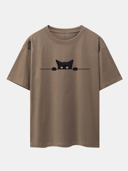 Oversized Drop Shoulder T-Shirt with Black Cat Print