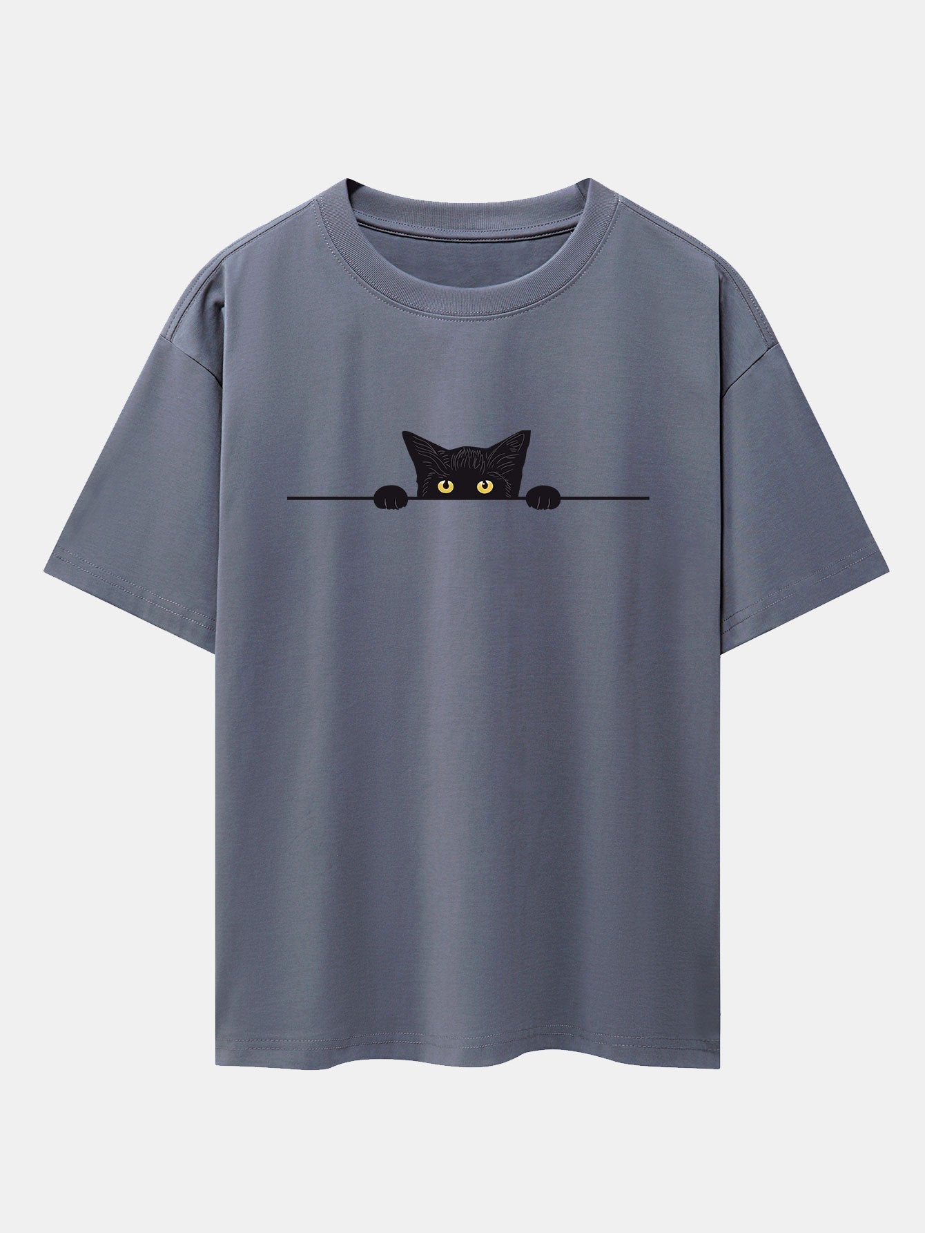 Oversized Drop Shoulder T-Shirt with Black Cat Print