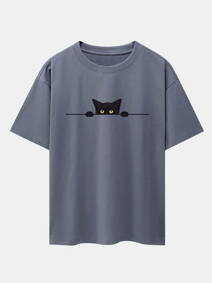Oversized Drop Shoulder T-Shirt with Black Cat Print