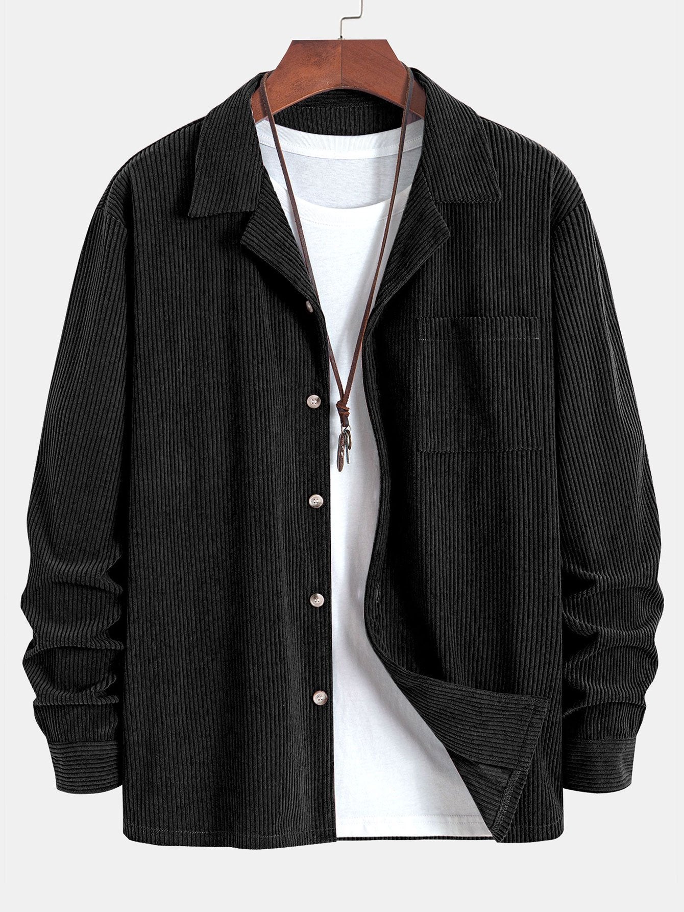 "Langarm-Cordhemd mit kubanischem Kragen" could be rewritten as "Kubanisch gekragenes Langarm-Cordhemd".