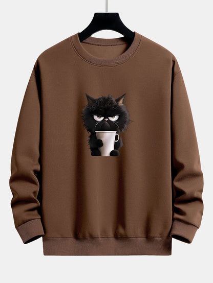 Relaxed Fit Sweatshirt mit Druck einer trinkenden schwarzen Katze