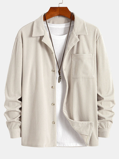 "Langarm-Cordhemd mit kubanischem Kragen" could be rewritten as "Kubanisch gekragenes Langarm-Cordhemd".