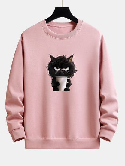 Relaxed Fit Sweatshirt mit Druck einer trinkenden schwarzen Katze