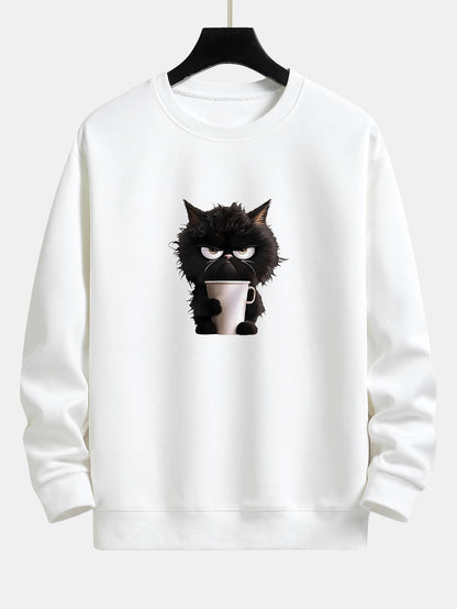 Relaxed Fit Sweatshirt mit Druck einer trinkenden schwarzen Katze