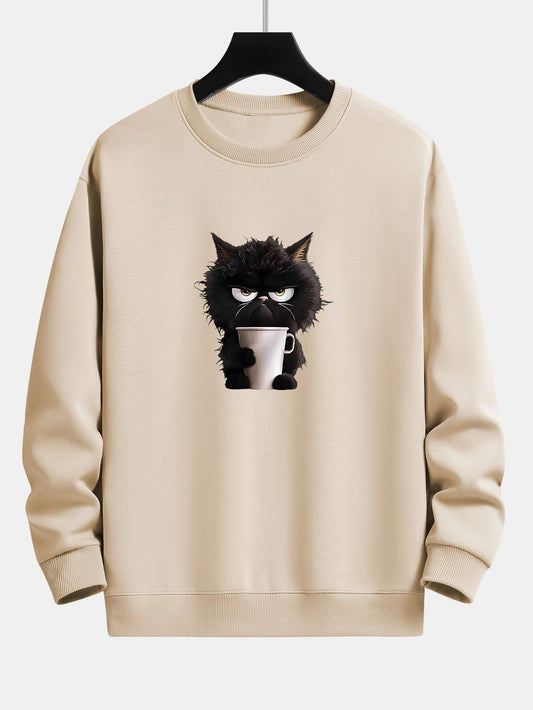 Relaxed Fit Sweatshirt mit Druck einer trinkenden schwarzen Katze